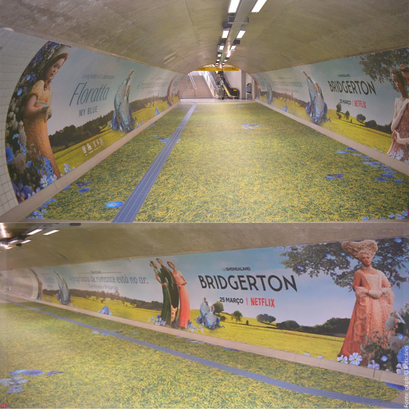 Aqui podemos ver uma montagem contendo duas imagens que mostram como ficou o túnel de uma estação de metrô em SP. Em parceria, O Boticário e a Netflix desenvolveram uma experiência olfativa e sensorial, um verdadeiro produto de mídia out of home.