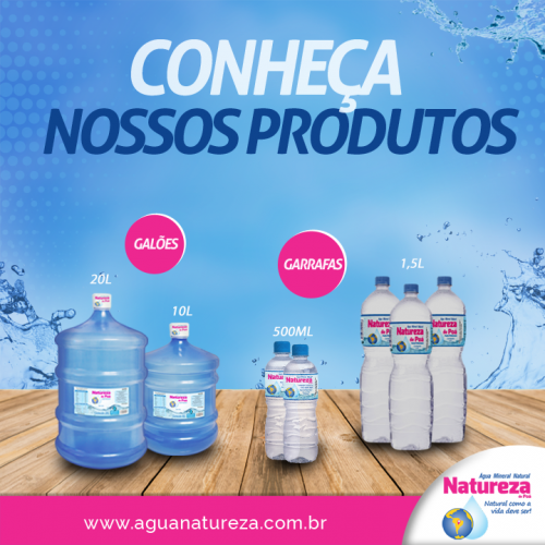Nesta imagem podemos conferir o exemplo de um CTA voltado para o convite, onde a marca de água mineral convoca o leitro para conhecer os produtos da marca e acessar o site da empresa.