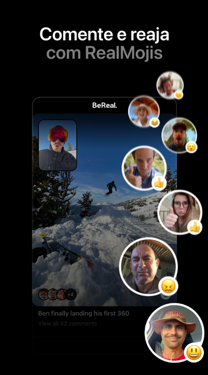 Nesta imagem podemos ver um exemplo de realmoji, uma forma de reagir aos emojis dos seus amigos no BeReal.