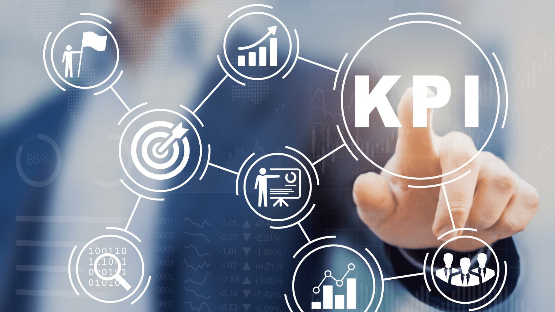 Nesta imagem podemos ver um homem apontando para um botão de KPI que está interligado a vários indicadores de performance. KPI que é um dos termos do marketing que todo profissional precisa conhecer.