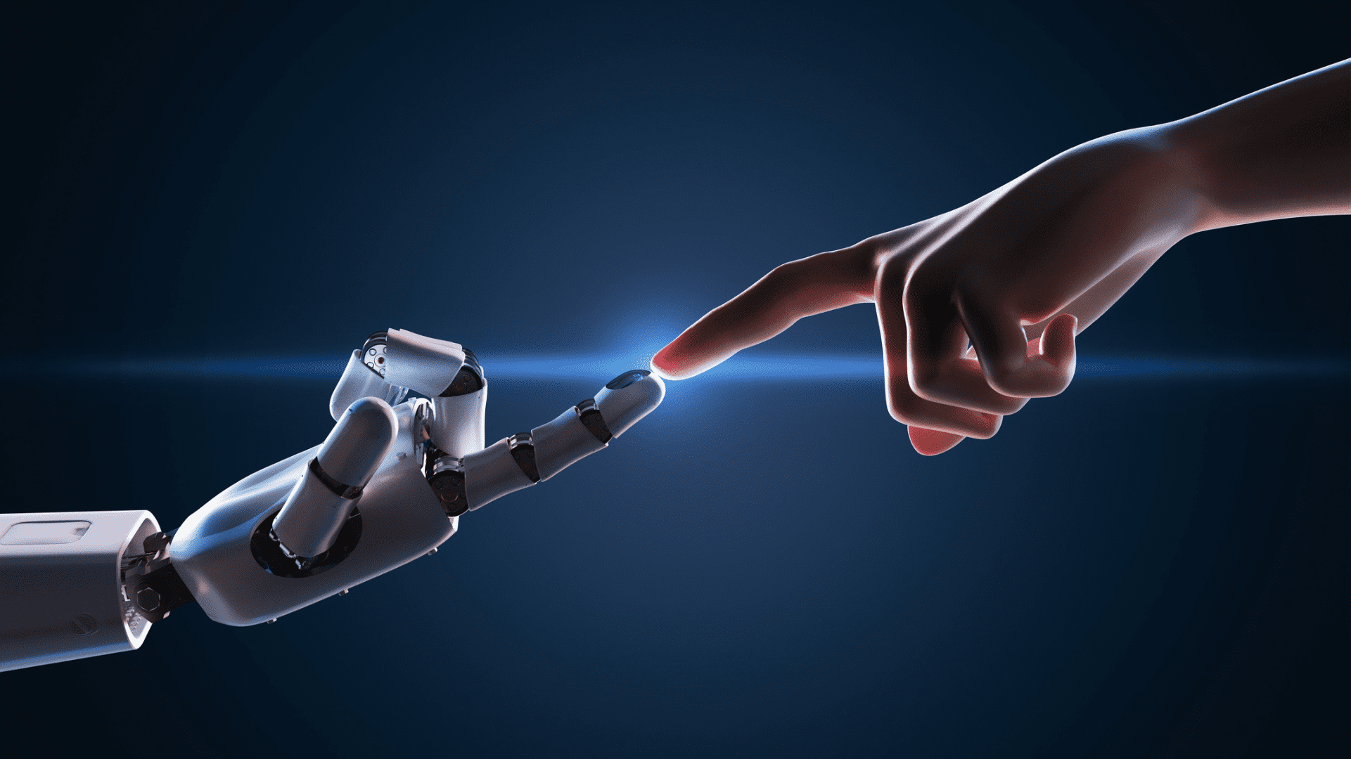 Nesta imagem podemos ver uma mão humana tocando a mão de um robô, simbolizando a inteligência artificial.A inteligência artificial no marketing pode ser utilizada para te auxiliar a alcançar seus objetivos corporativos.