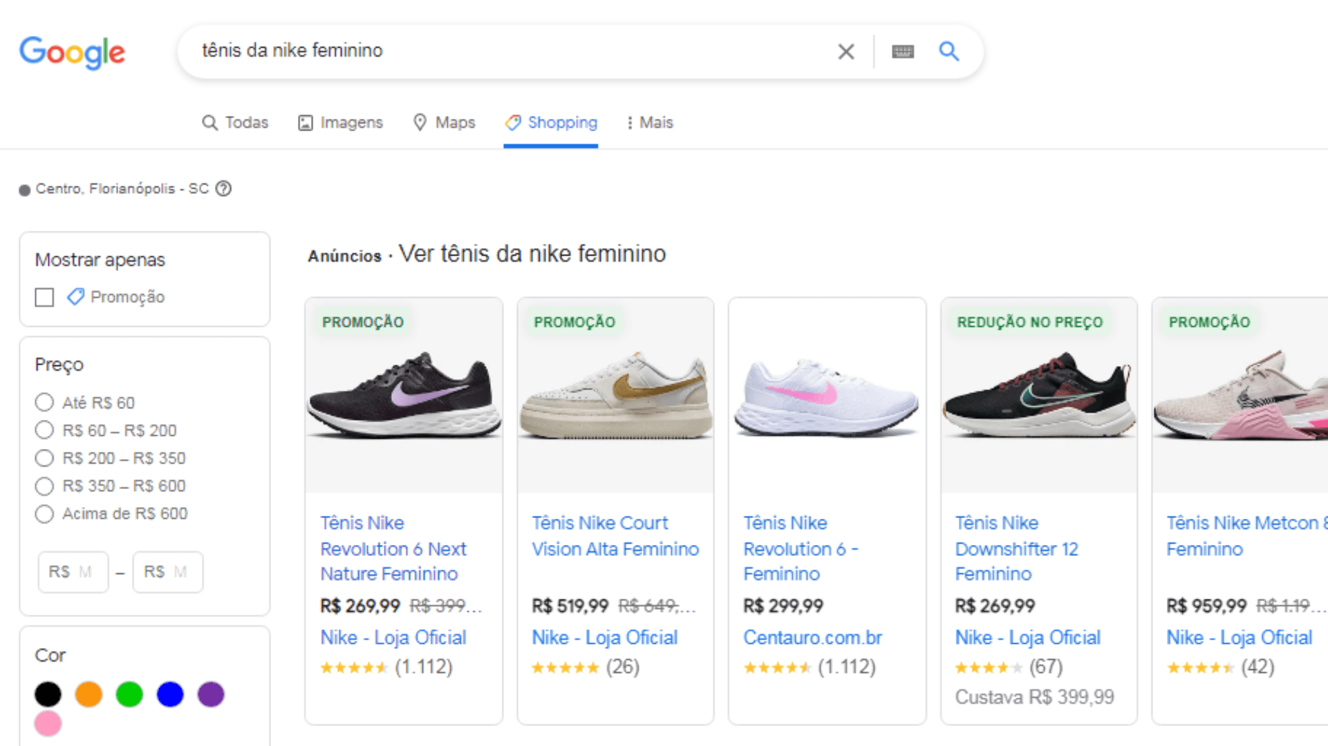Nesta imagem podemos ver a interface do Google Shopping, um dos termos de mídia do nosso dicionário.