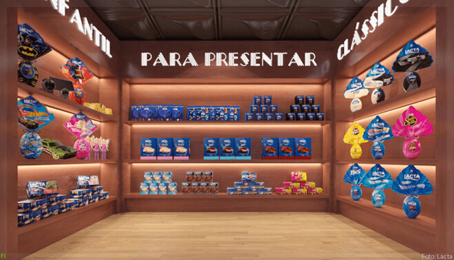 Nesta imagem podemos ver uma loja virtual da Lacta no metaverso. Essa loja virtual foi desenvolvida para campanhas sazonais como a Páscoa e o Natal.