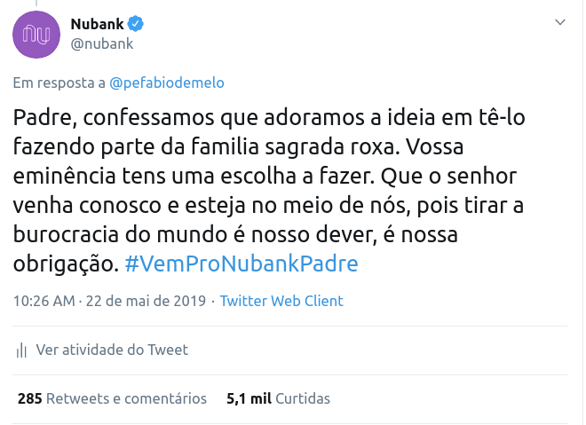 Nesta imagem podemos ver um tweet do banco Nubank, em reposta a postagem de um usuário. As redes sociais que são um ótimo campo para que as empresas utilizem o marketing de performance.