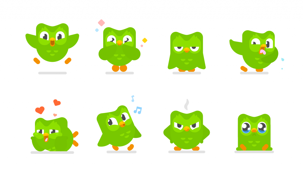 Nesta imagem podemos ver várias variações do Duo, a corujinha do Duolingo. Um estudo de caso Duolingo de muito sucesso.