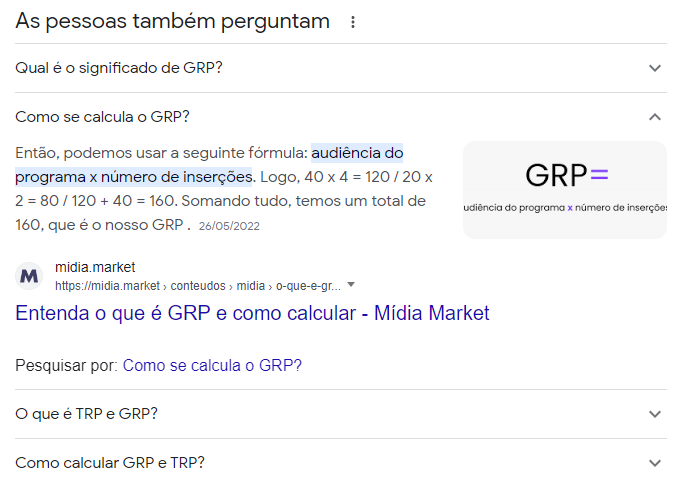 Nesta imagem podemos ver um exemplo de um featured snippets de um conteúdo sobre GRP do Mídia Market.