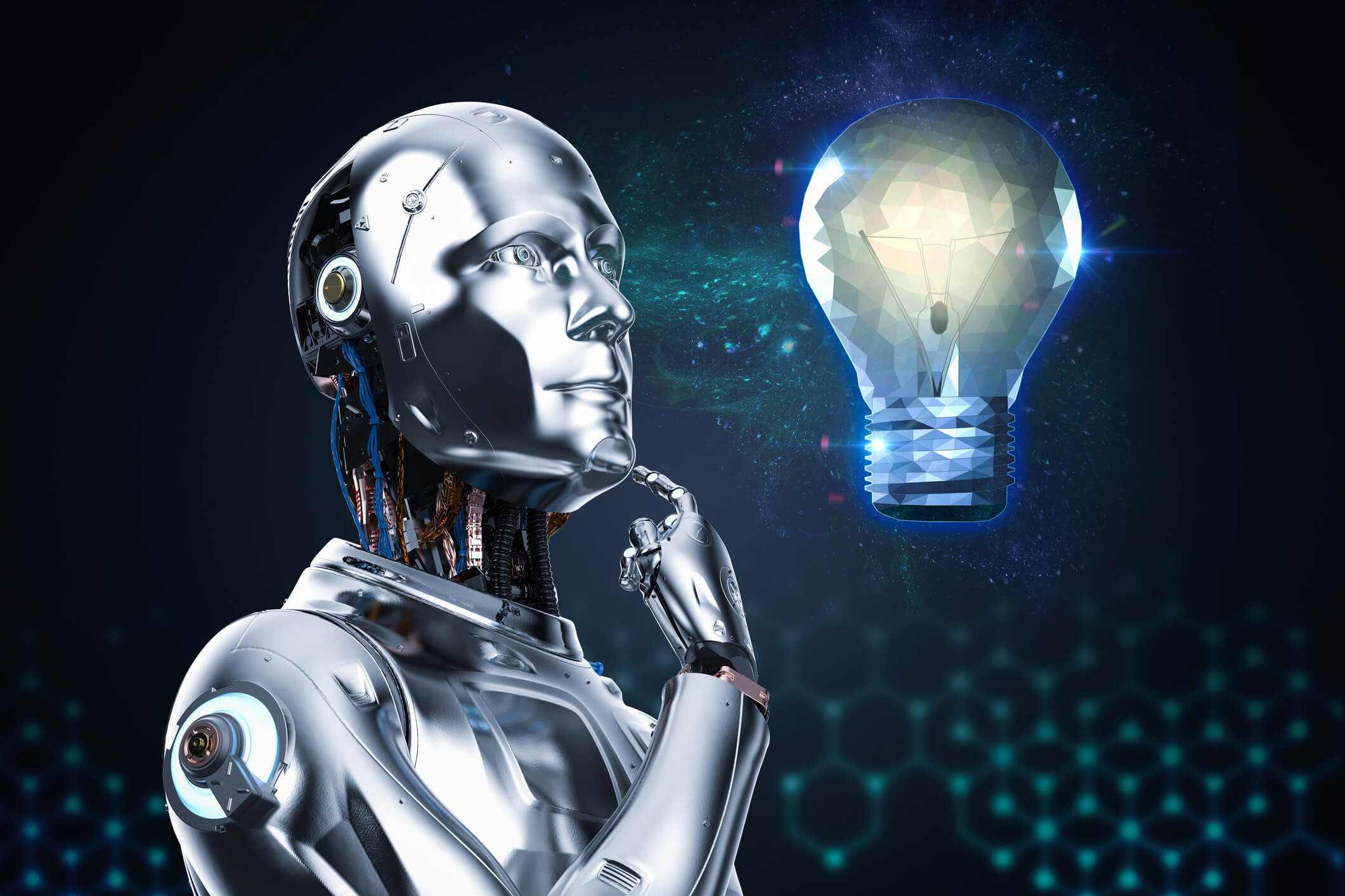 Robô de aplicativo de inteligência artificial olhando para uma lâmpada, a imagem sugere que ele está tendo uma nova ideia sobre como funciona a inteligência artificial.