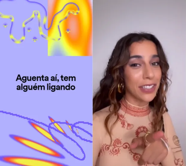 Cantora Marina Sena aponta para a tela e ao lado aparece a frase "aguenta aí, tem alguém ligando". 