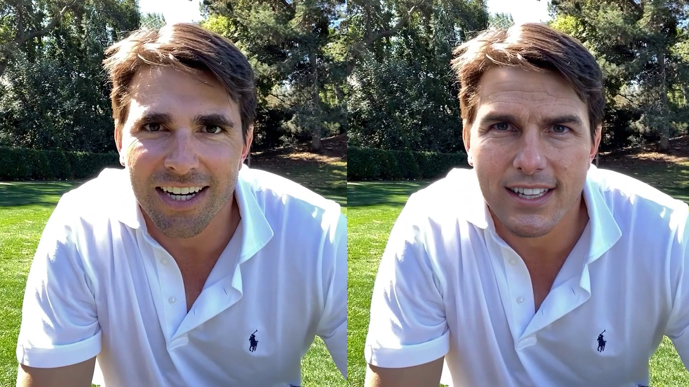 Deepfake criada com imagem do ator Tom Cruise. Duas imagens de 2 homens iguais, apenas alterando o rosto, eles usam camiseta polo branca. No fundo da imagem temos um gramado