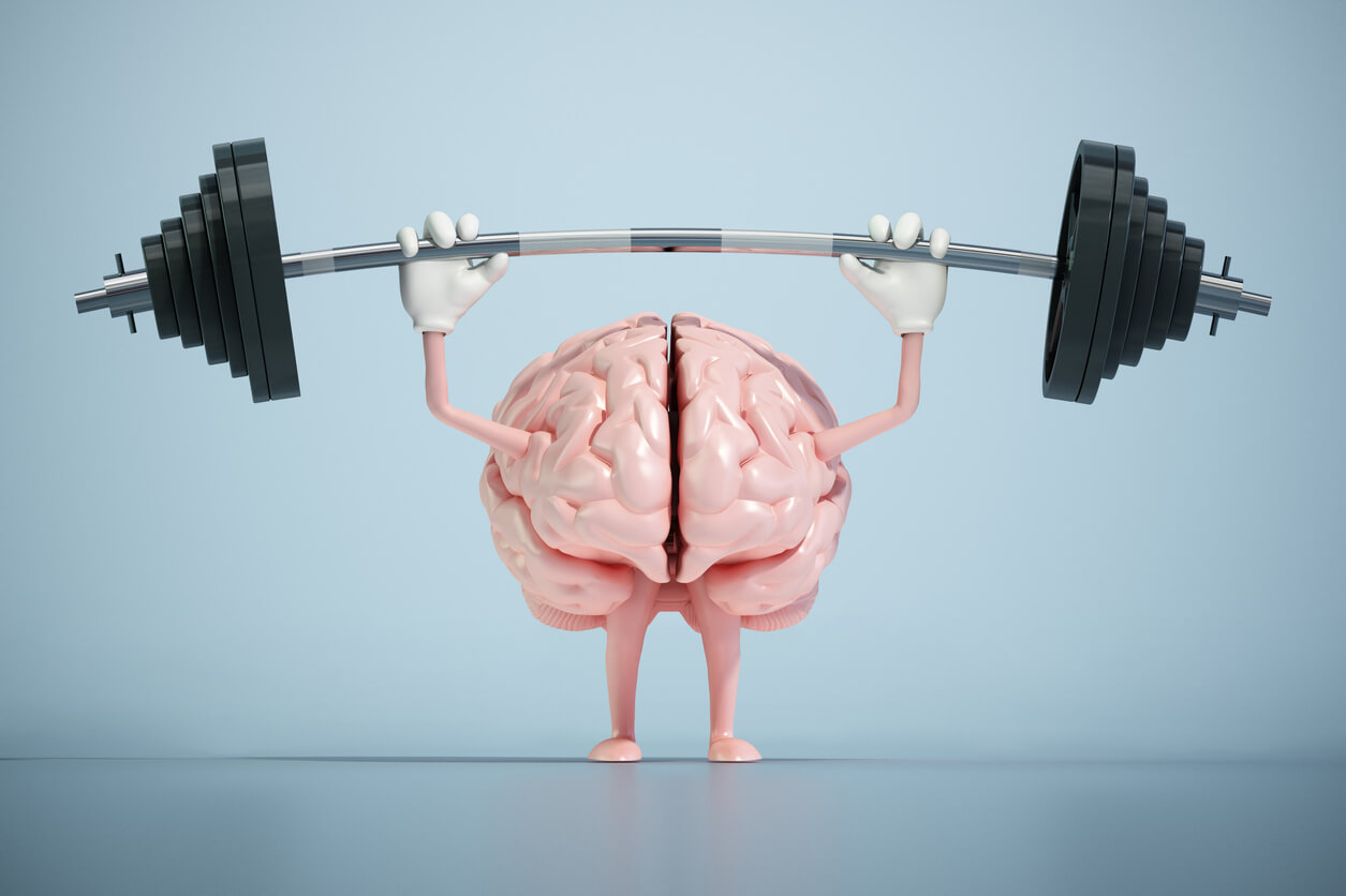 cérebro segurando um peso de academia