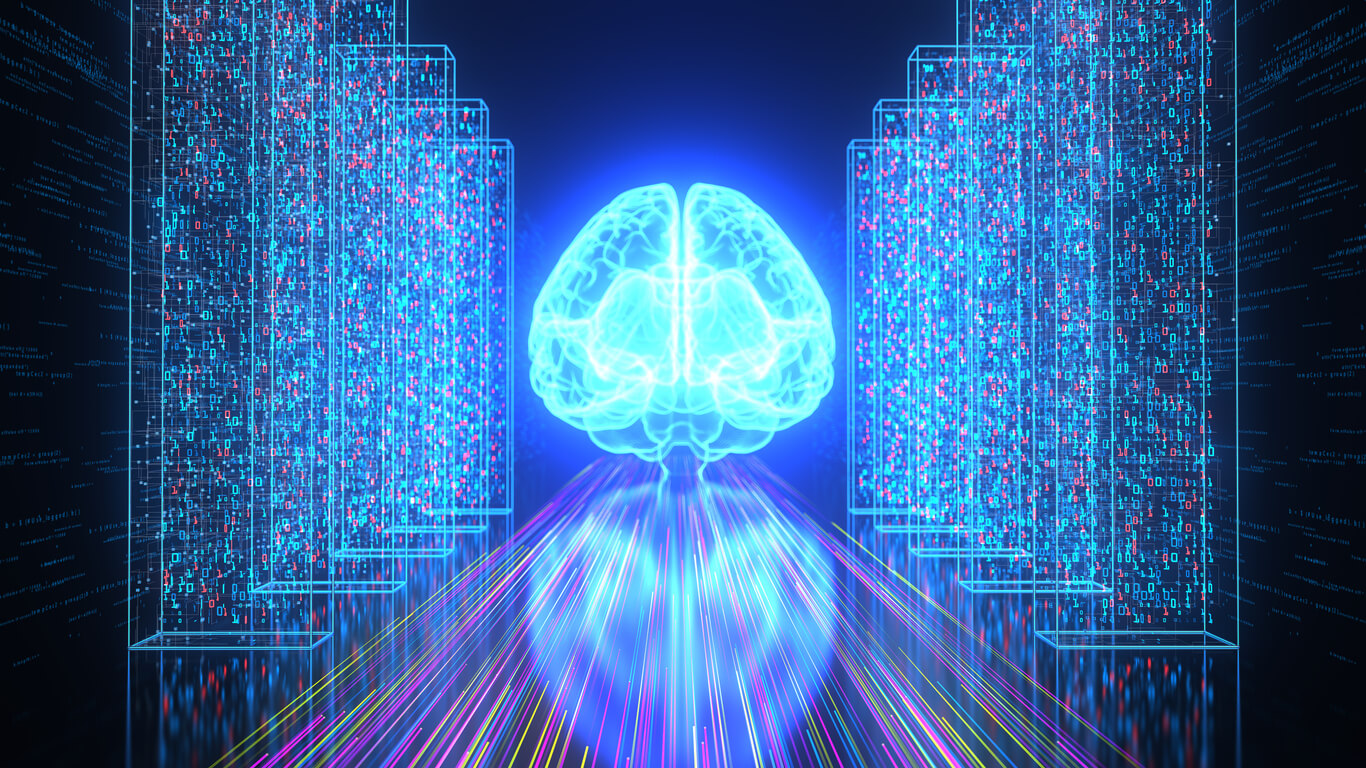 John Hopfield cria o conceito de redes neurais artificiais, na imagem temos um cérebro fluorescente de inteligência artificial