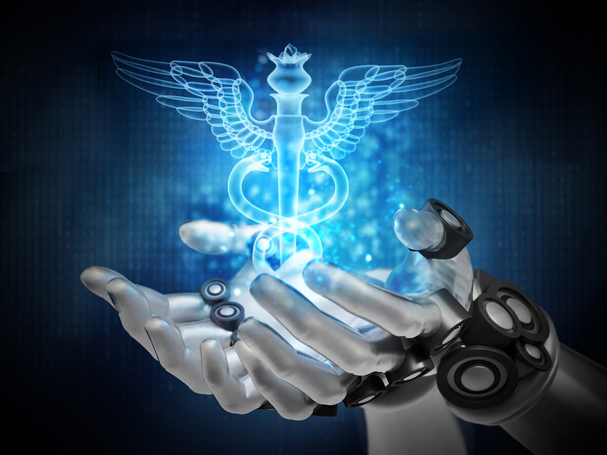 Mão de inteligência artificial com a mão saindo o simbolo da medicina