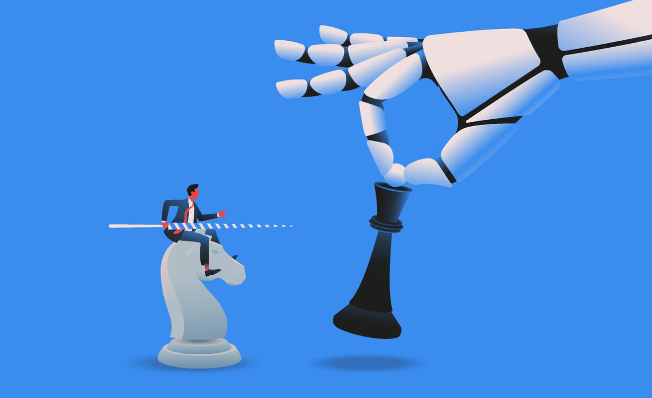 Inteligência artificial, pessoa jogando xadrez com um robô de inteligência artificial
