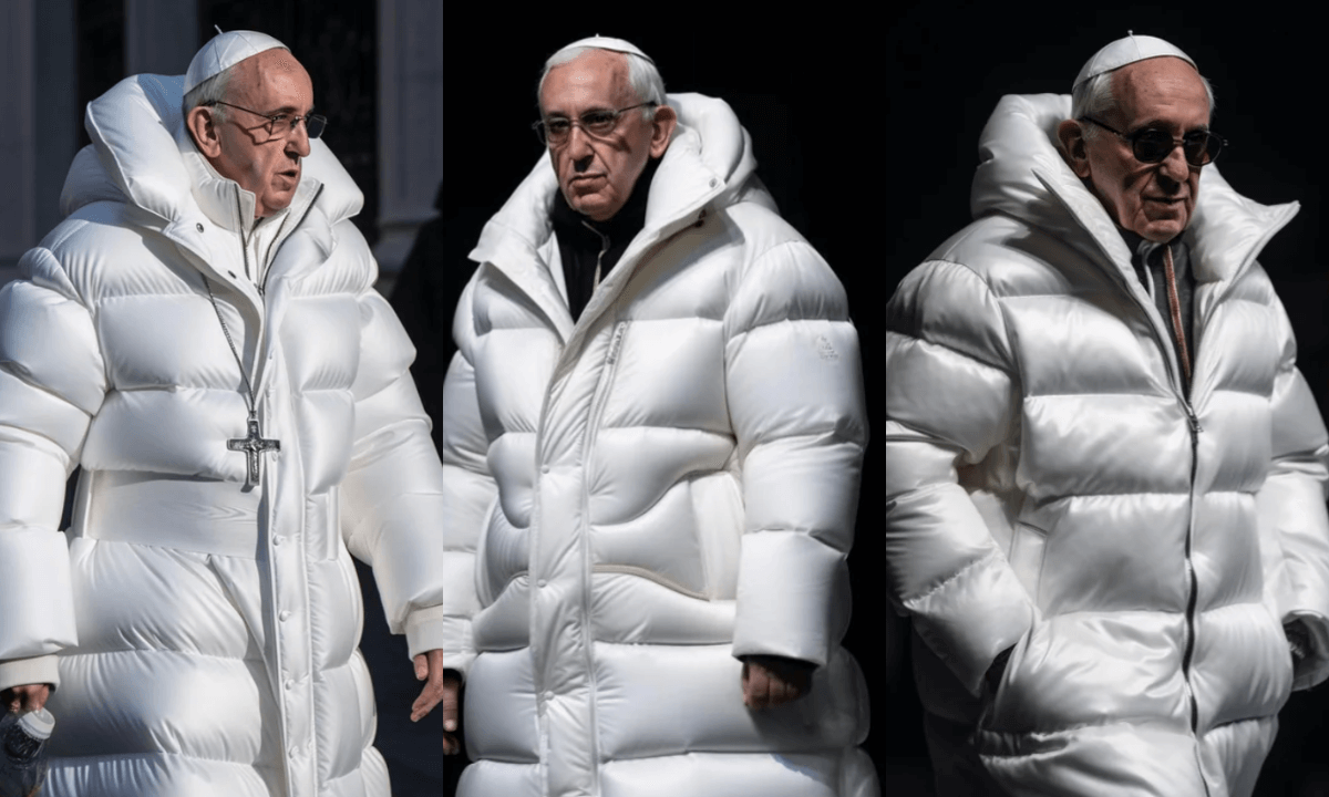 Imagem gerada através de deep fake do papa francisco usando jaqueta puffer mostram os desafios da inteligência artificial