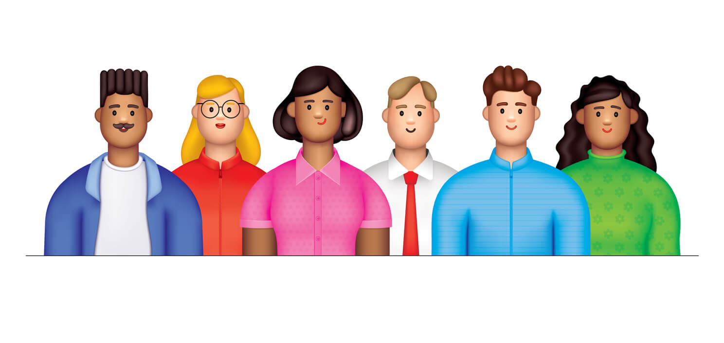 Desenho de 5 pessoas de raças e nacionalidades diferentes, um negro, uma loira, pessoas com roupas coloridas. Estratégia de conteúdo