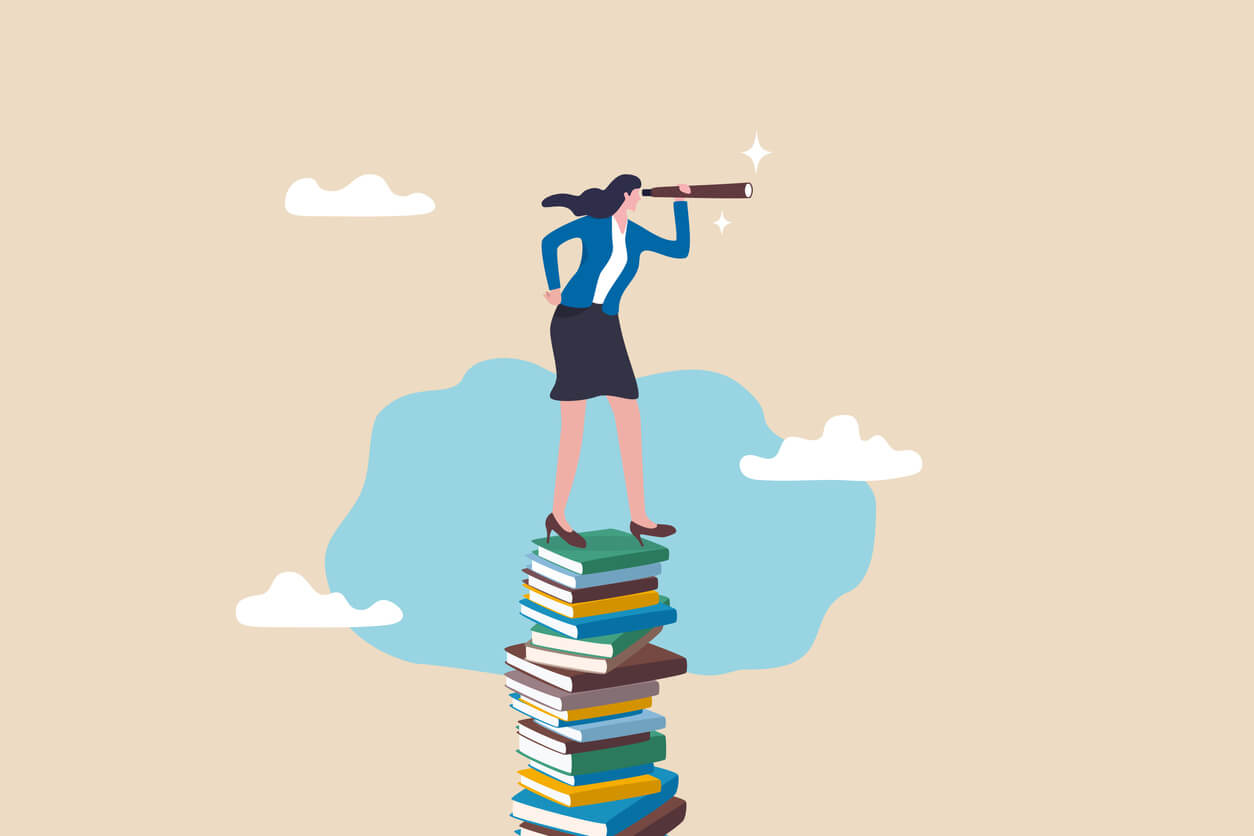 desenho de uma pessoa em cima de uma pilha de livros, ela segura uma luneta nas mãos e na imagem temos vários desenhos de nuvens