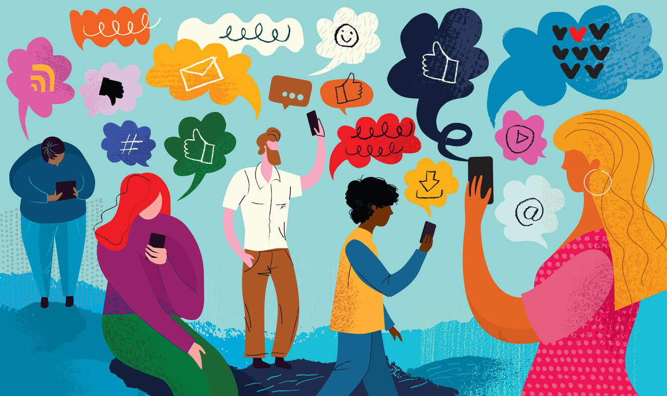 Imagem com fundo azul com alguns desenhos que remetem pessoas e comunicação e tecnologia share of voice