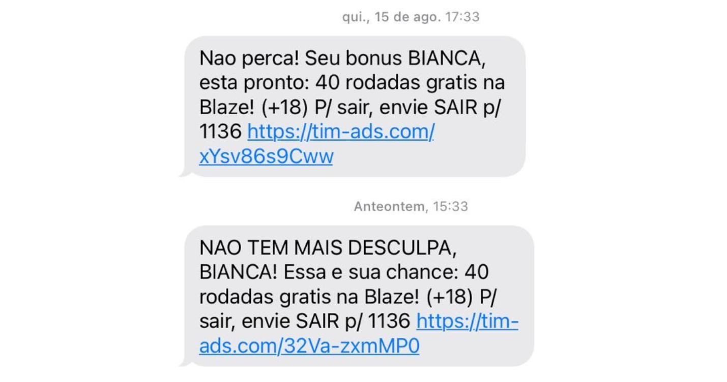 print de um sms com promoções de uma casa de apostas, na mensagem via sms a casa de apostas oferece um bonus para quem apostar