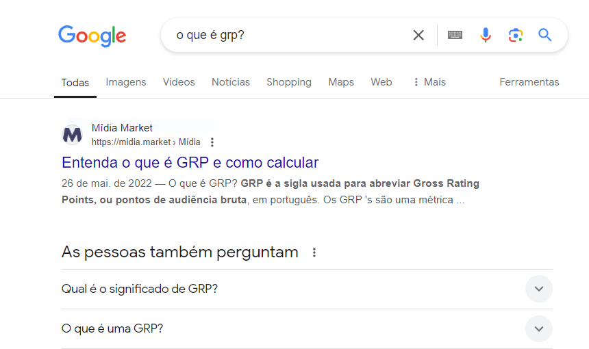 Exemplo de pesquisa orgânica de SEO, uma das métricas de SEO.