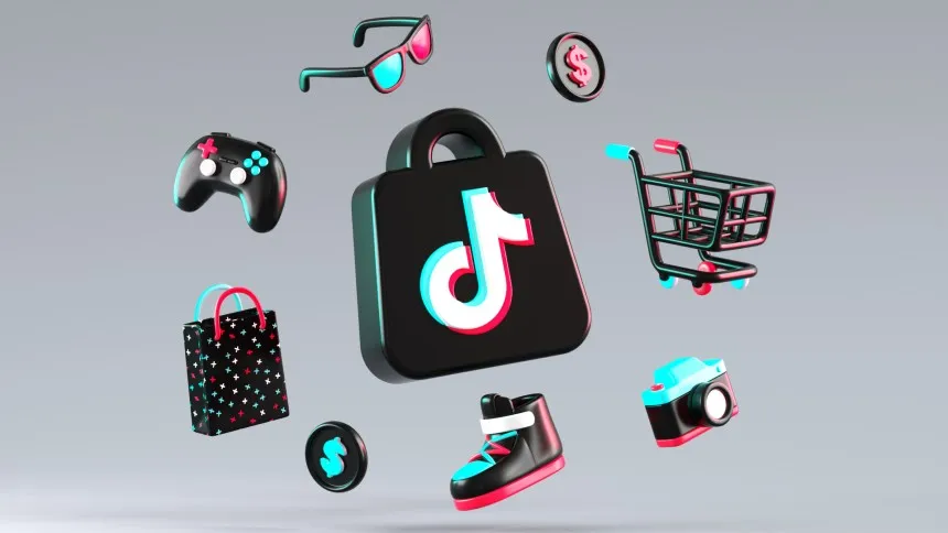 Logo do TikTok Shop com elementos ao redor como carrinho de compras, sapatos e óculos, que remetem a compras feitas no app.