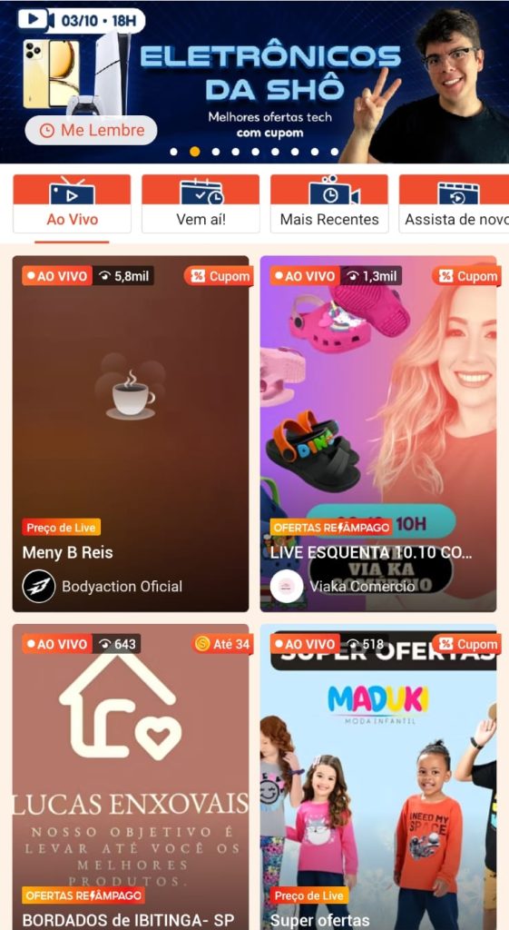 Imagem de página de live streamings da Shopee.