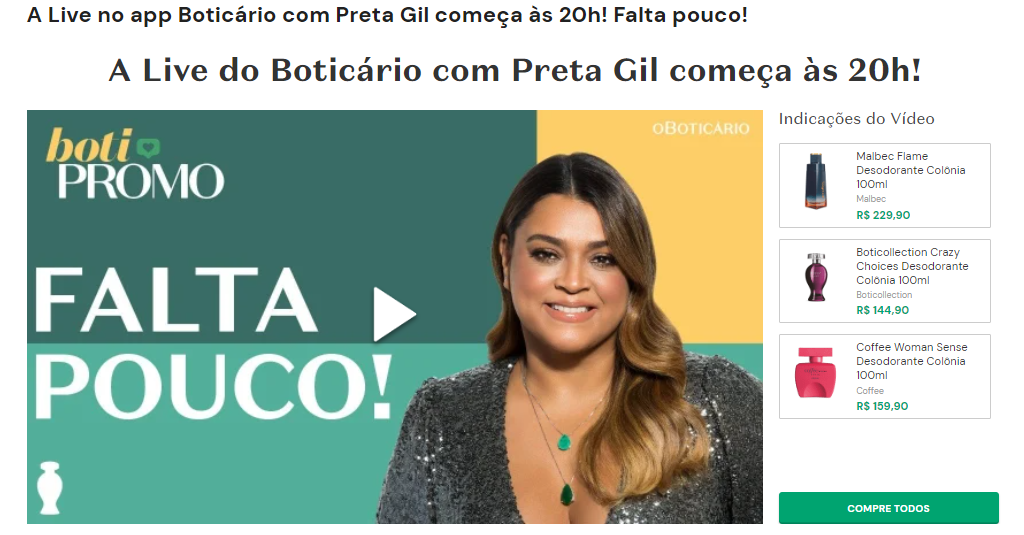 Preta Gil sendo apresentada como mediadora da live de O Boticário.