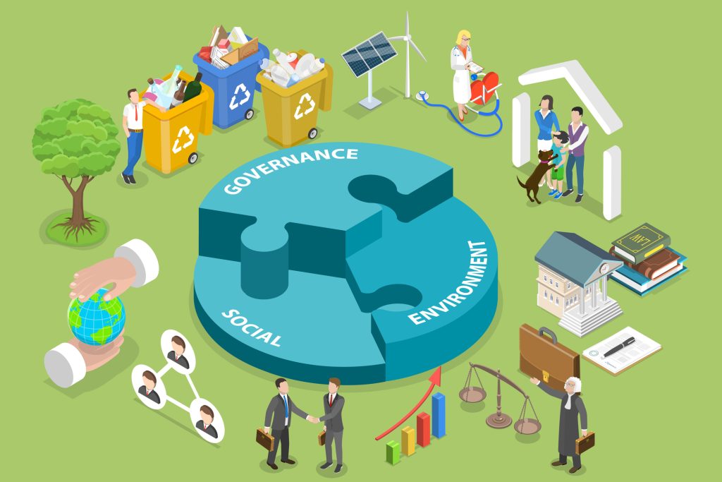 Os três pilares do ESG: governança ambiental, social e corporativa representados em um g´rafico redondo que se completa em forma de quebra-cabeça.