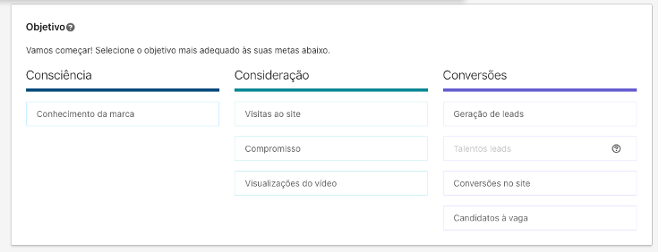 Página do Gerenciador de Campanhas do LinkedIn Ads mostra as opções de objetivos que podem ser escolhidas por quem quer anunciar.