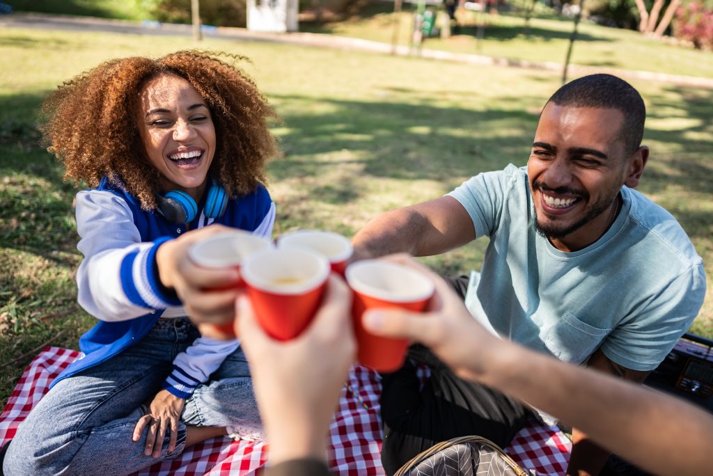 Casal de amigos fazendo um brinde durante piquenique no parque público.