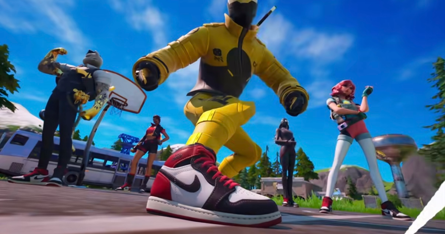 Air Jordan 1 “Black Toe Reimagined” no Fortnite. Imagem: Reprodução/ Droper, imagem de personagens do Fortnite