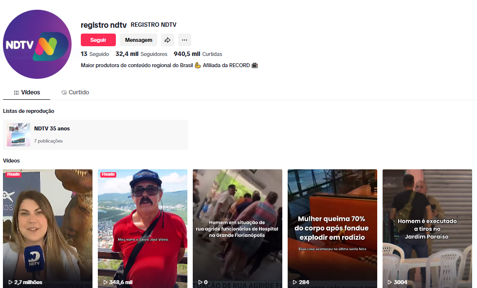 Página da NDTV no TikTok.