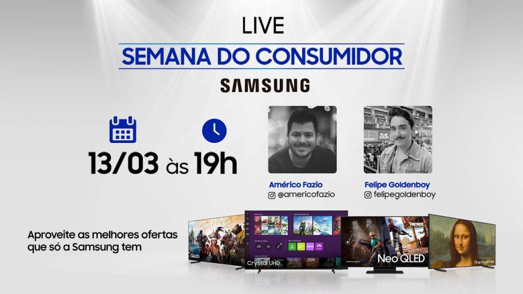 Capa de live da Samsung realizada no YouTube no Dia do Consumidor. É possível ver algumas TVs para a divulgação da live.