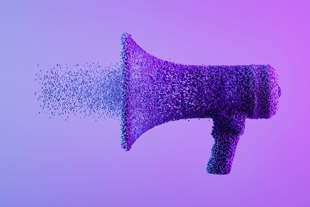 Megafone explodindo com partículas no fundo neon, representando o excesso de share of voice.