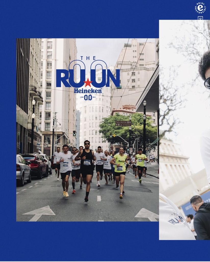 Captura de tela de um post no Instagram da Heineken Brasil mostrando corredores em uma via urbana durante a "The 0.0 Run", uma corrida de rua para promover a cerveja zero álcool e novas formas de socialização ligadas ao consumo de álcool no Brasil.