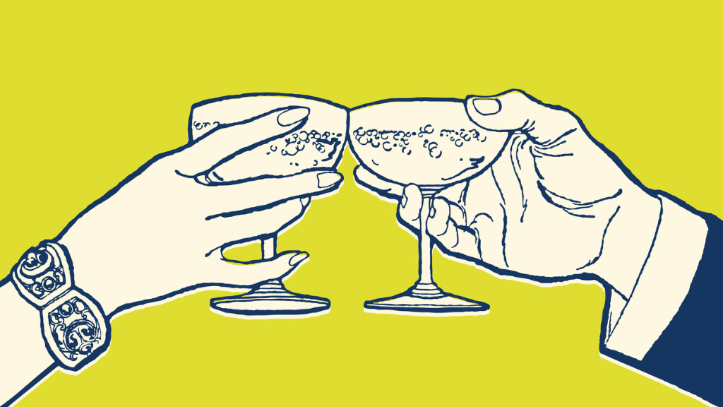 Ilustração em estilo colagem mostrando quatro mãos segurando diferentes tipos de drinks coloridos e decorados com frutas, representando a diversificação das opções de bebidas e a mudança no consumo de álcool no Brasil.