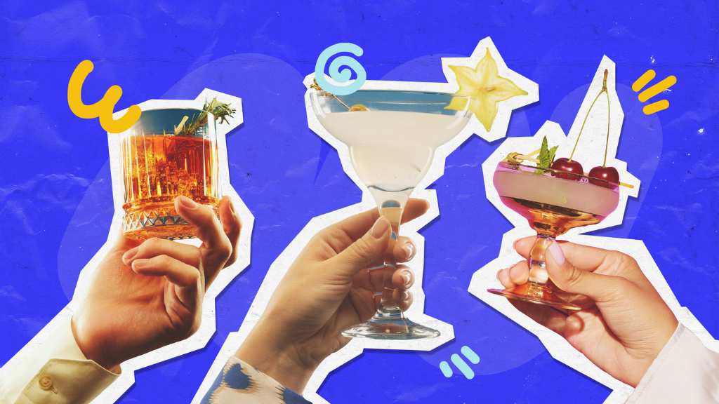 Composição de diversos coquetéis coloridos em taças variadas, com gelo, frutas cítricas e lichia sobre uma mesa, representando a diversidade de produtos que impactam o consumo de álcool no Brasil.