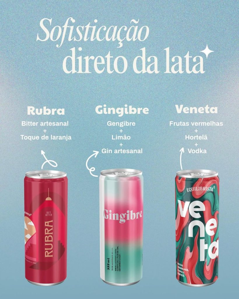 Infográfico publicitário com três latas de bebidas coloridas e sofisticadas denominadas Rubra, Gingibre e Veneta, com descrições de sabores como bitter artesanal, gengibre e frutas vermelhas, ilustrando a reengenharia de portfólio para o mercado de consumo de álcool no Brasil.