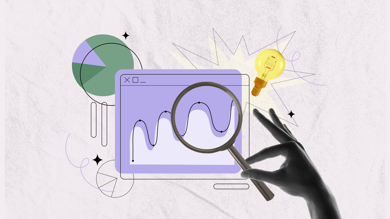 Colagem digital em estilo moderno com fundo bege texturizado. Uma mão em tons de cinza segura uma lupa sobre um gráfico de linha ondulada em uma janela de navegador roxa. Ao redor, ícones de gráficos de pizza, estrelas e uma lâmpada acesa simbolizam ideias e tendências em estratégias de marketing para 2026.