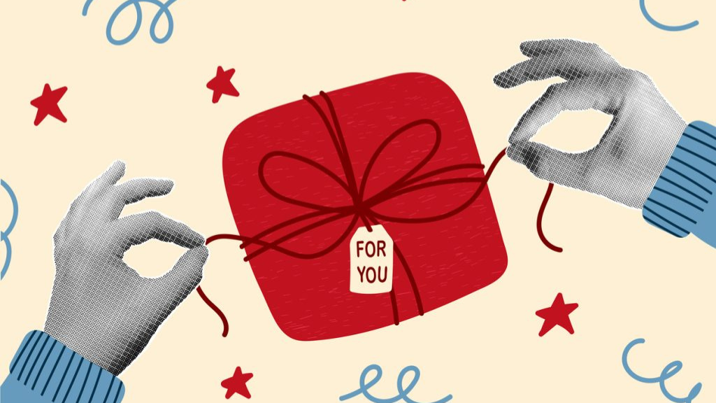 Ilustração de mãos abrindo um presente vermelho com um laço e uma etiqueta escrita 'For You', cercado por estrelas e serpentinas. A imagem exemplifica o uso de mimos físicos como uma das estratégias de marketing para 2026 para fidelizar consumidores.