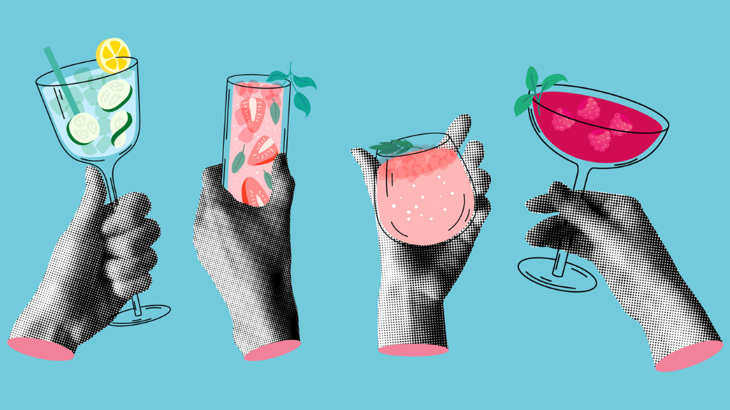 Ilustração em estilo pop art mostrando quatro mãos segurando diferentes tipos de drinks coloridos e refrescantes com frutas e ervas, representando a mudança de hábitos no consumo de álcool no Brasil em direção ao movimento wellness.