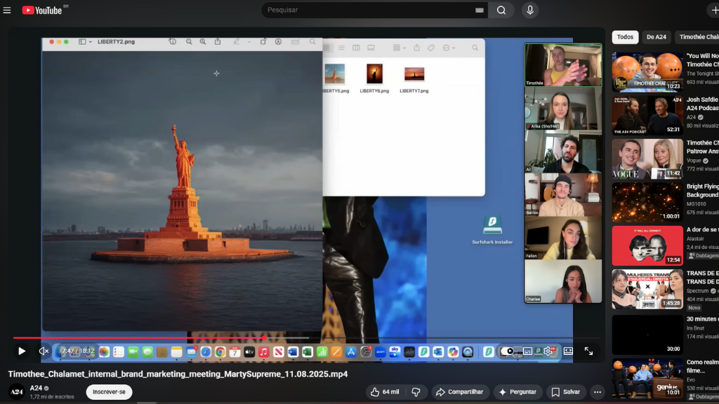 Print de vídeo da página do YouTube da produtora A24 mostrando uma suposta reunião interna vazada via Zoom com o protagonista Timothée Chalamet. A imagem destaca a Estátua da Liberdade pintada de laranja, exemplificando a estratégia de marketing para 2026 através de um vazamento planejado e de modo exagerado para o filme Marty Supreme.