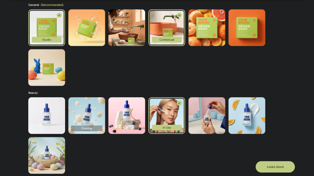 Interface do software Pomelli exibindo a biblioteca de estilos e categorias de imagem. No topo, a categoria "General" apresenta opções como "Studio" e "Contextual" para um sabonete vegano. Abaixo, na categoria "Beauty", são mostrados estilos como "Floating" e "In Use" para um sérum facial, com modelos reais e composições de ingredientes. A imagem demonstra a versatilidade do Pomelli em adaptar a inteligência artificial para diferentes nichos de mercado, do minimalismo de estúdio ao uso cotidiano.