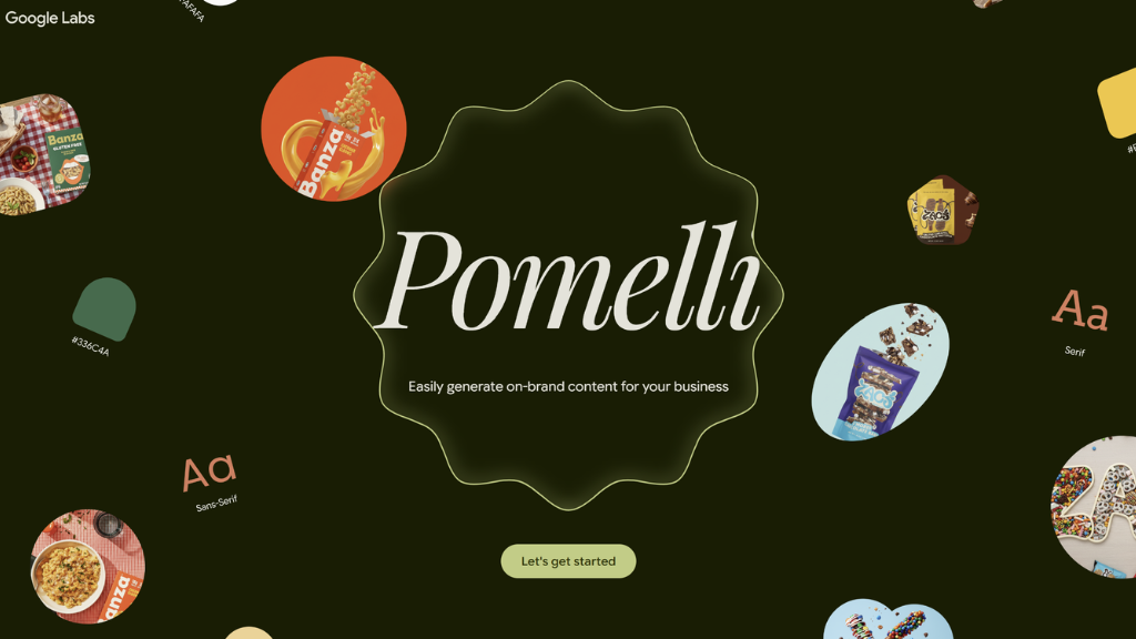 Captura de tela da interface do software Pomelli, mostrando o logotipo centralizado em uma moldura ondulada sobre um fundo verde escuro. Ao redor, flutuam elementos de design como paletas de cores, tipografias "Serif" e "Sans-Serif", e exemplos de embalagens de produtos, ilustrando a capacidade da ferramenta de gerar conteúdo on-brand.