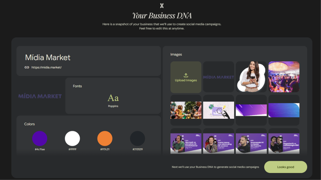 Captura de tela da interface "Your Business DNA" da plataforma Pomelli, exibindo a análise automática do Mídia Market com paleta de cores (roxo, branco, laranja e preto), tipografia Poppins e biblioteca de imagens da marca para garantir consistência visual.
