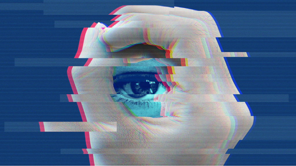 Um close-up de uma mão humana em tons de pele claros, vista de cima com os dedos dobrados para dentro, revelando um olho humano realista e detalhado no centro da palma. A imagem inteira é atravessada por efeitos de glitch digital e faixas de interferência de cor ciano, magenta e amarelo, sobre um fundo azul-escuro texturizado com linhas de scan de monitor. A composição simboliza a visão comprometida, a vigilância falha e o ponto cego digital causado pelo tráfego inválido sofisticado.