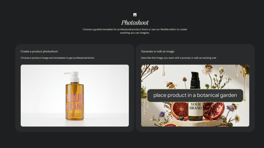 A imagem apresenta a interface "Photoshoot" do Pomelli, dividida em duas opções de criação. À esquerda, "Create a product photoshoot" mostra um frasco de cosmético genérico em um fundo branco limpo. À direita, "Generate or edit an image" exemplifica a transformação da IA, onde o produto é inserido em um cenário botânico sofisticado com frutas e flores, acompanhado do comando "place product in a botanical garden". A tela demonstra como o Pomelli facilita a produção visual de alta qualidade para empreendedores.