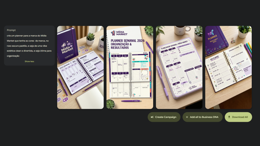Captura de tela da interface do Pomelli exibindo o fluxo de criação de imagem. À esquerda, um card mostra o prompt inserido: "crie um planner para a marca do Mídia Market que tenha as cores da marca, no roxo escuro padrão, e seja de uma vibe estética clean e divertida, e seja ótima para organização". Em resposta, quatro imagens de alta qualidade de planners da marca são geradas, mostrando diferentes capas e páginas internas organizacionais em cenários de escritório com suculentas e canetas roxas. A imagem demonstra a capacidade do Pomelli de gerar múltiplas referências de produtos profissionais.