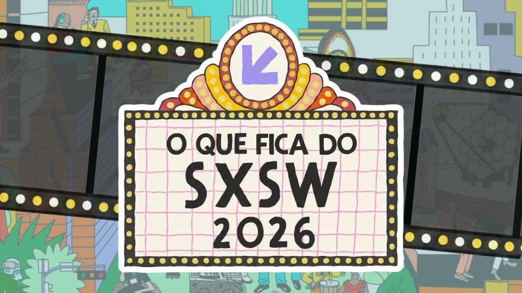 Imagem com um letreiro luminoso central de estilo retrô de cinema, com fundo quadriculado rosa claro, exibindo a frase "O QUE FICA DO SXSW 2026". O letreiro é emoldurado por uma faixa horizontal que imita uma película de filme cinematográfico em preto e amarelo. Ao fundo, há uma ilustração colorida de prédios urbanos e pequenas silhuetas de pessoas interagindo com tecnologia.