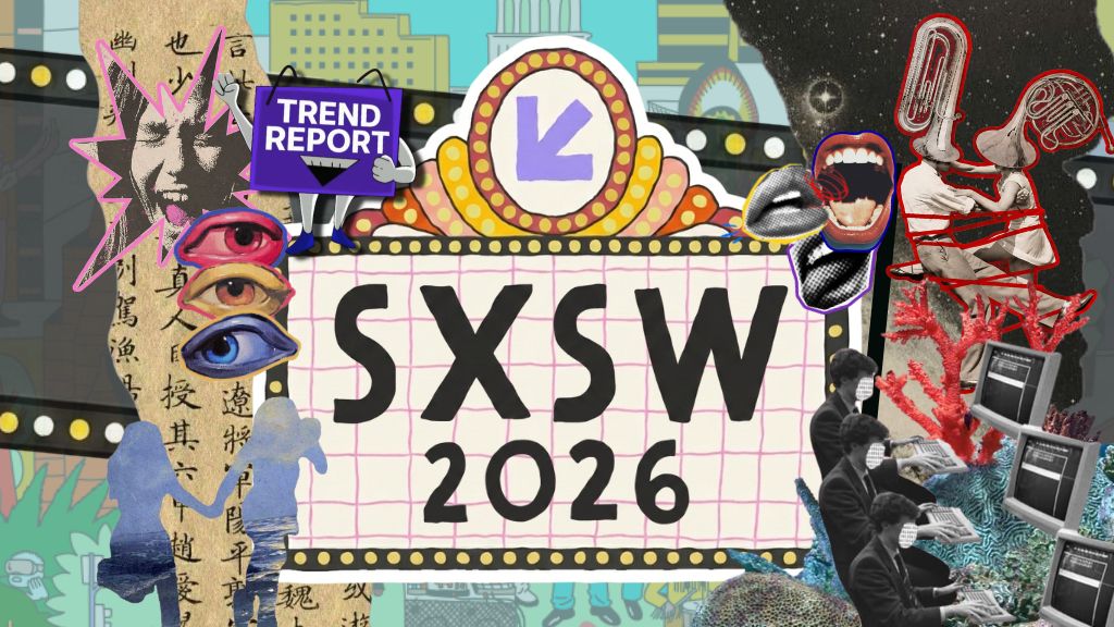 Colagem digital com letreiro central escrito "SXSW 2026" cercado por ilustrações abstratas de tecnologia, arte e comportamento humano.