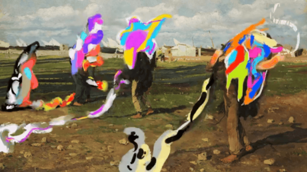 GIF animado baseado em uma pintura clássica de camponeses trabalhando no campo. Figuras humanas recebem intervenções digitais e rabiscos coloridos em movimento, com tintas neon flutuantes em tons de azul, rosa, amarelo e vermelho cobrindo suas cabeças e corpos. Estilo de colagem de arte contemporânea e disruptiva.